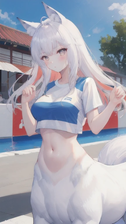 (best quality, masterpiece), 1 girl, centaur, It takes, White skin, Korean  ,Athletic Competition,exposing the abdomen,belly button t-shirt, 아름다운 소녀 perfect wolf photo, perfect wolf photo