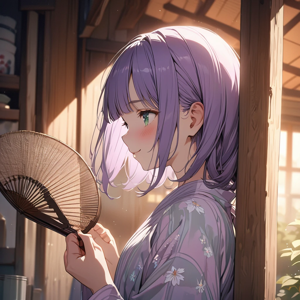 masterpiece, ultra detailed, 8K, a girl, kawaii, light atmosphere, (Cute a tsundere girl:1.5), anime visual, (tilt head:1.3), extremely delicate face, realistic lighting and shading, (an extremely delicate and beautiful art:1.3), a girl,blush,
from side, cowboy shot, pale purple hair, blunt bangs hair, green eyes, In the kitchen of a Taisho-style Western-style house, a woman is wearing a pink japanese yukata,At night, a girl sits on the veranda, holding a fan in one hand, smiling,