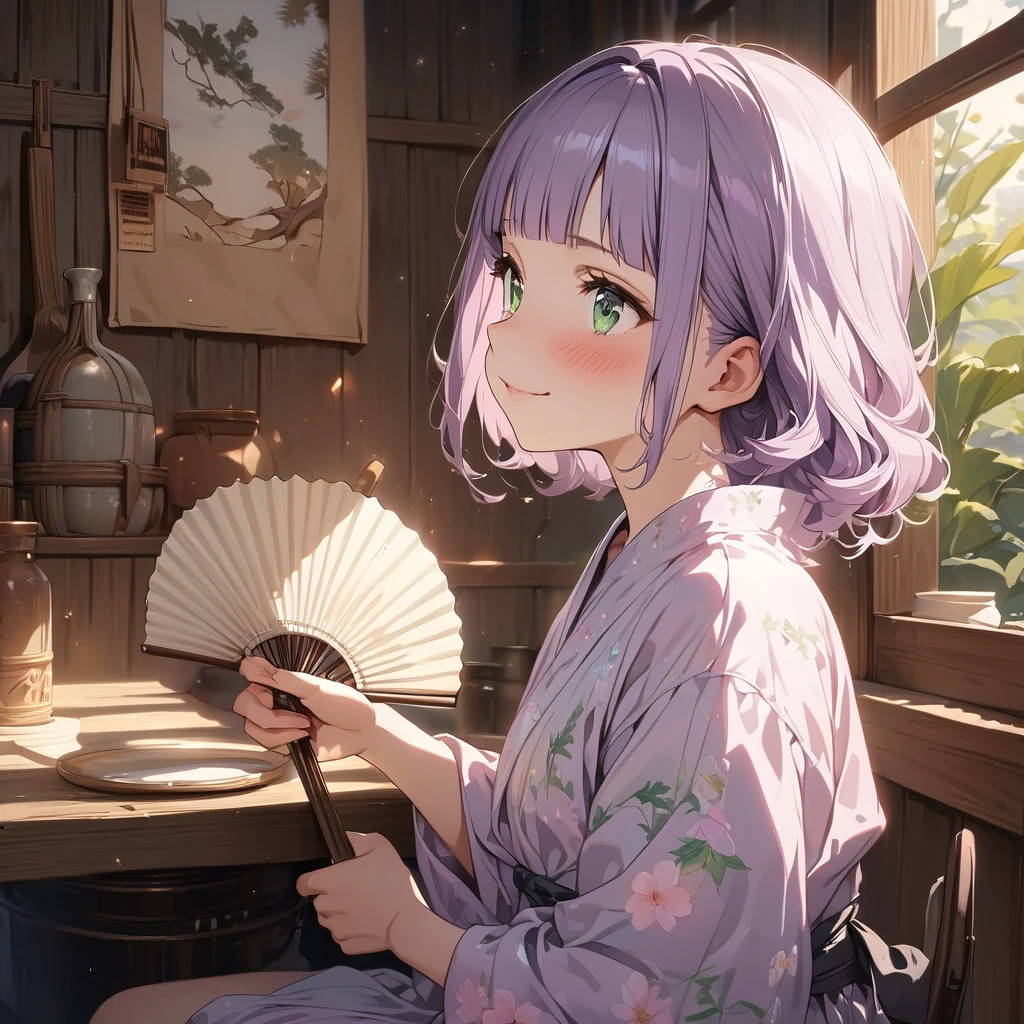 masterpiece, ultra detailed, 8K, a girl, kawaii, light atmosphere, (Cute a tsundere girl:1.5), anime visual, (tilt head:1.3), extremely delicate face, realistic lighting and shading, (an extremely delicate and beautiful art:1.3), a girl,blush,
from side, cowboy shot, pale purple hair, blunt bangs hair, green eyes, In the kitchen of a Taisho-style Western-style house, a woman is wearing a pink japanese yukata,At night, a girl sits on the veranda, holding a fan in one hand, smiling,