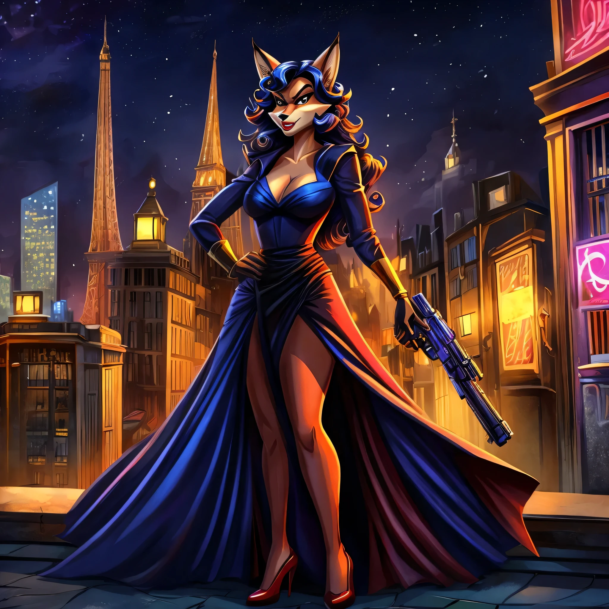 Фурри лисица Carmelita Fox из игры Sly Cooper Thieves in Time, with red lipstick on lips, in a black evening dress, shows his lips, holding a blaster, angry stands against the backdrop of the night city of Paris, cartoon style