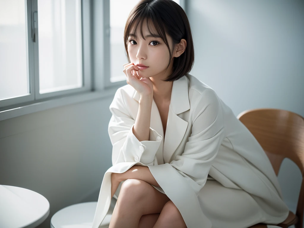 Full-body shot of a cute young Japanese woman in her early 20s, (8k resolution:1.2), (photorealistic:1.3), (ultra-detailed:1.2), perfect facial features, flawless skin, natural makeup, short straight hair, wearing a white jacket, sitting on a chair, simple indoor background, soft natural lighting, singing and facing the camera during a music video shoot, shallow depth of field, shot on Canon EOS R5, 85mm f/1.4 lens, magazine cover quality, minimalist fashion editorial style, neutral colors, high contrast, sharp focus on eyes, elegant and expressive posture, high-end production value, retouched by industry professionals, lifelike textures, natural skin tones, perfect composition, model-like proportions, commercial appeal, capturing the essence of a singer in a creative moment.