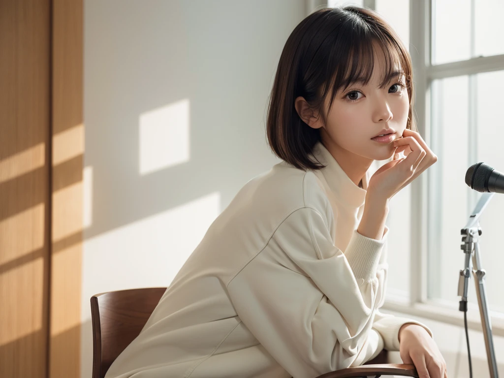 Full-body shot of a cute young Japanese woman in her early 20s, (8k resolution:1.2), (photorealistic:1.3), (ultra-detailed:1.2), perfect facial features, flawless skin, natural makeup, short straight hair, wearing a white jacket, sitting on a chair, simple indoor background, soft natural lighting, singing and facing the camera during a music video shoot, shallow depth of field, shot on Canon EOS R5, 85mm f/1.4 lens, magazine cover quality, minimalist fashion editorial style, neutral colors, high contrast, sharp focus on eyes, elegant and expressive posture, high-end production value, retouched by industry professionals, lifelike textures, natural skin tones, perfect composition, model-like proportions, commercial appeal, capturing the essence of a singer in a creative moment.