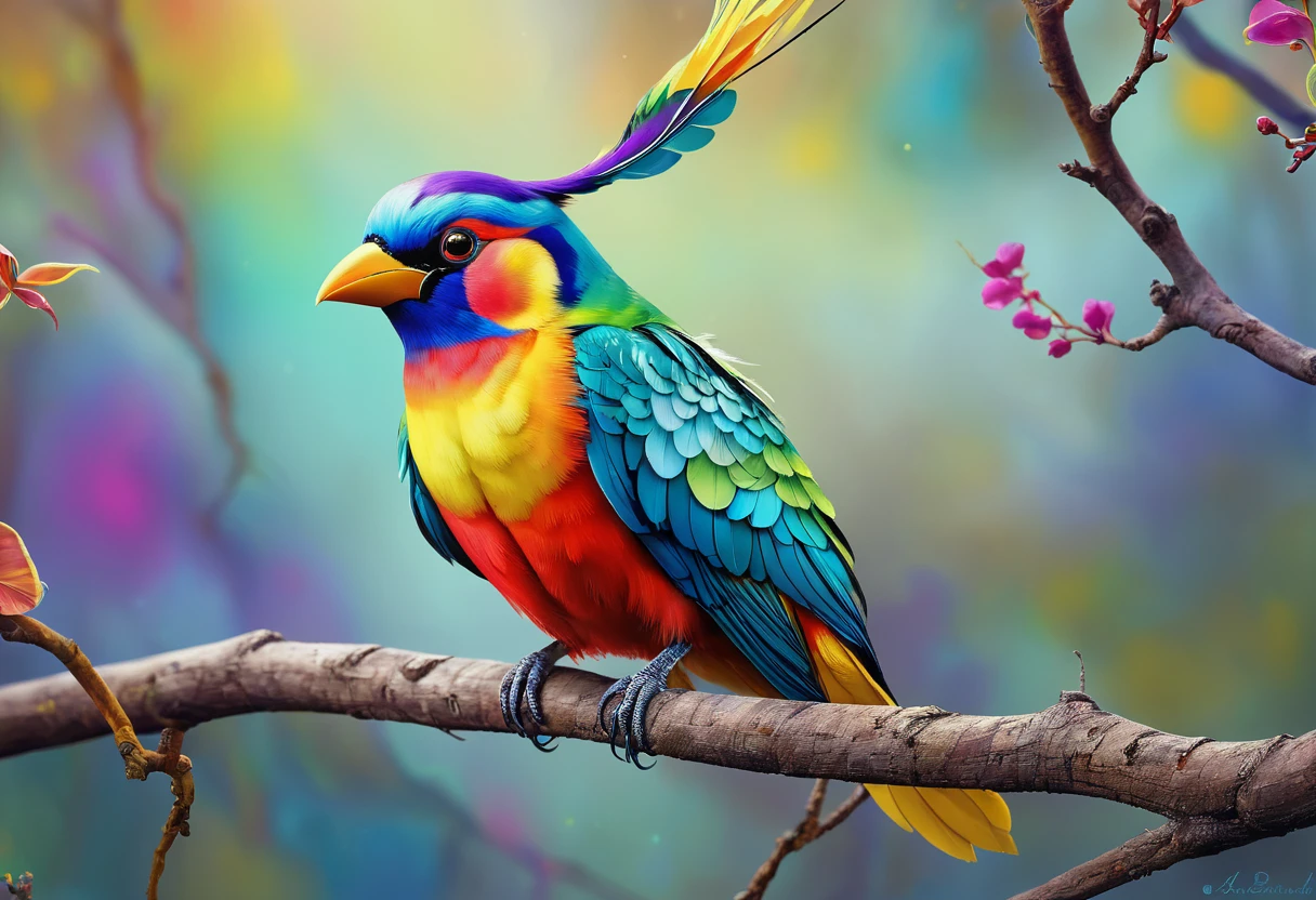 Brightly colored bird perched on a tree branch、Detailed paintings inspired by Charles Bird King、Trending on pexels、Fantasy art、Beautiful colorful、Long colorful bird、Multicolored birds、Beautiful and colorful、Beautiful and vibrant colors、Colourful and detailed、Painted in bright watercolors、Colorful feathers、Vibrant and realistic colors、Surreal Bird
