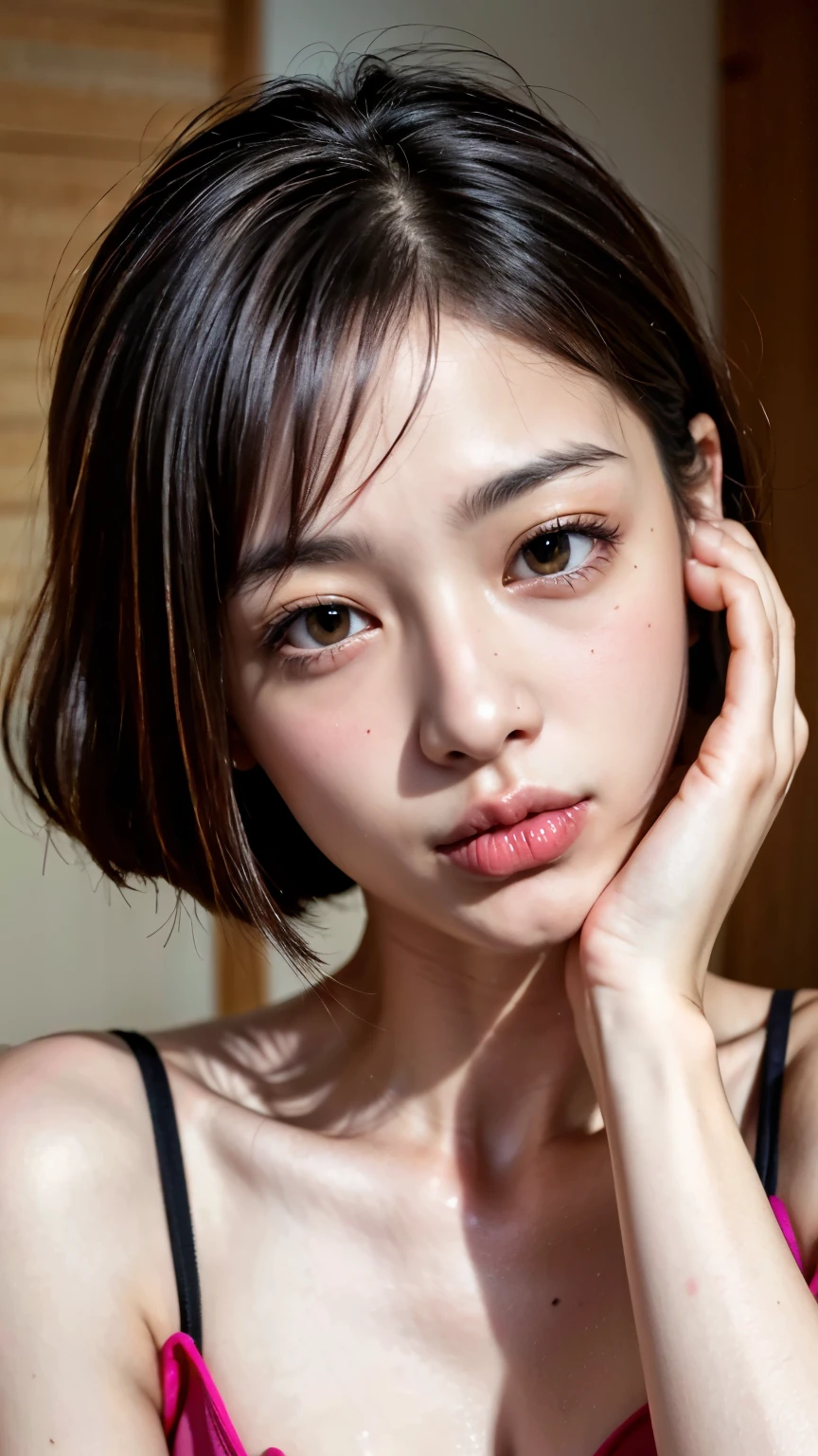 Japanese female one person. Fits your face. Age 25, Sharp jaw, RAW Photos, masterpiece, Highly detailed photos, Digital SLR, Photorealistic 3.9, Ultra-high resolution, Highest quality, Pink Lips, No makeup, big, Bright green eyes、Close-up of face、(Bobcut、Forehead Baring)、Photographed by a professional photographer、Portrait、smile、Mole under the eye、Blushing、Glowing Skin、Natural Favour、Open your mouth a little、stick out your tongue a little、I like you