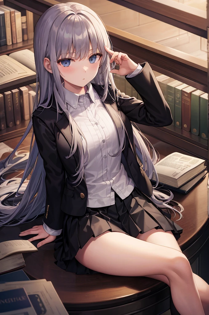 black jacket, open clothes, long sleeves, white skirt, pleated skirt, sitting, books lying around, expressionless, library, long hair, cream hair, tall, tights