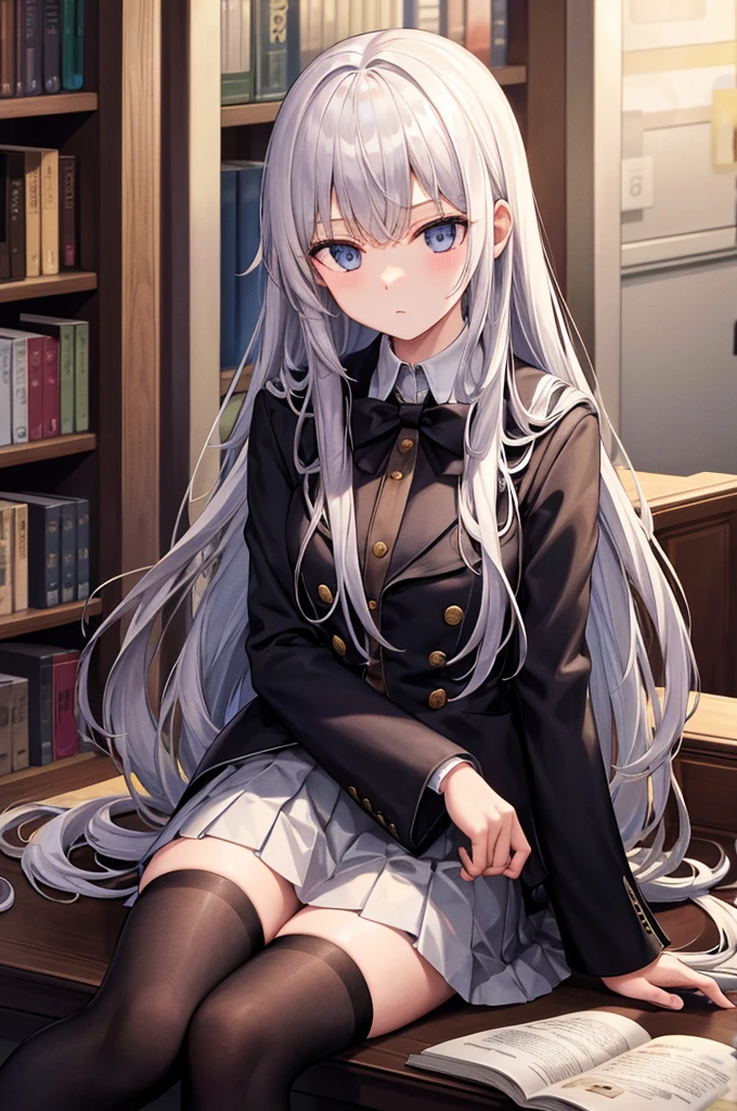 black jacket, open clothes, long sleeves, white skirt, pleated skirt, sitting, books lying around, expressionless, library, long hair, cream hair, tall, tights