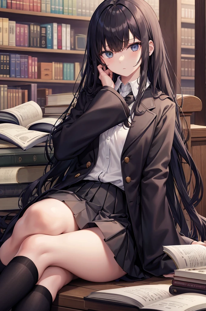 black jacket, open clothes, long sleeves, white skirt, pleated skirt, sitting, books lying around, expressionless, library, long hair, cream hair, tall, tights