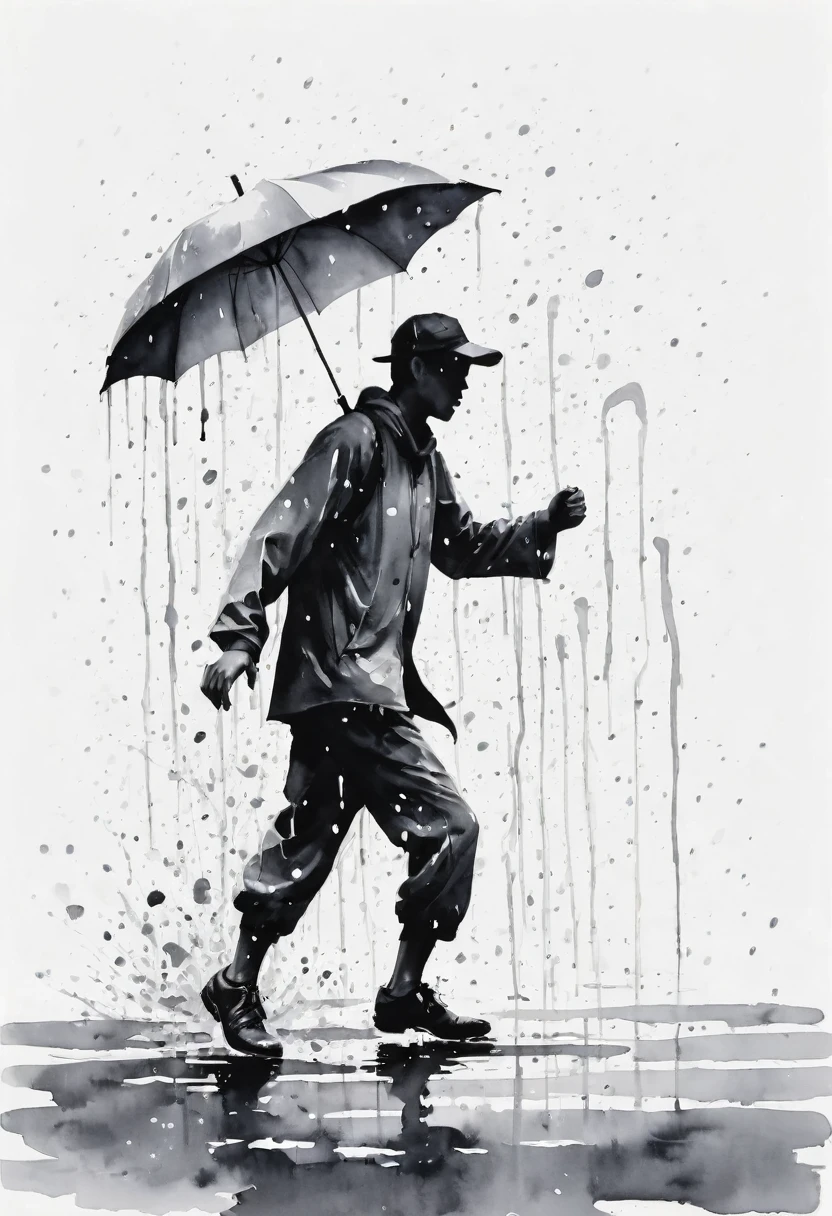 中国Ink Painting, Gray and White, Minimum,White background,The Trail, Minimalism, Huge negative space, Ink Painting, Abstract,heavy rain,A person dancing in the rain