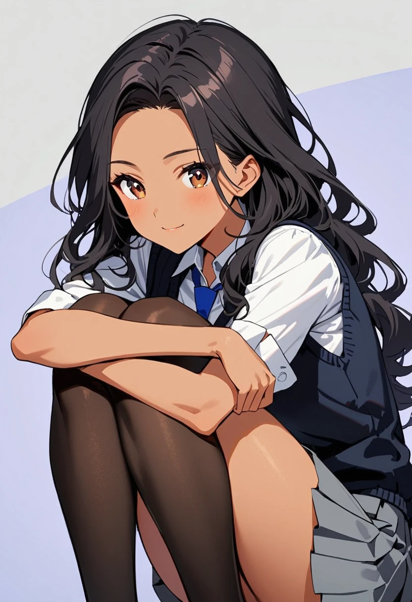 a woman, 19-years-old, solo, mature face, average height, tan skin, (long black wavy hair that's parted in the middle:1.2), no bangs, brown eyes, warm smile, black sweater vest, white formal shirt, gray pleated skirt, blue necktie, black tights, sitting with knees up, hugging knees, head resting on knees, (bright indigo background:1.1)