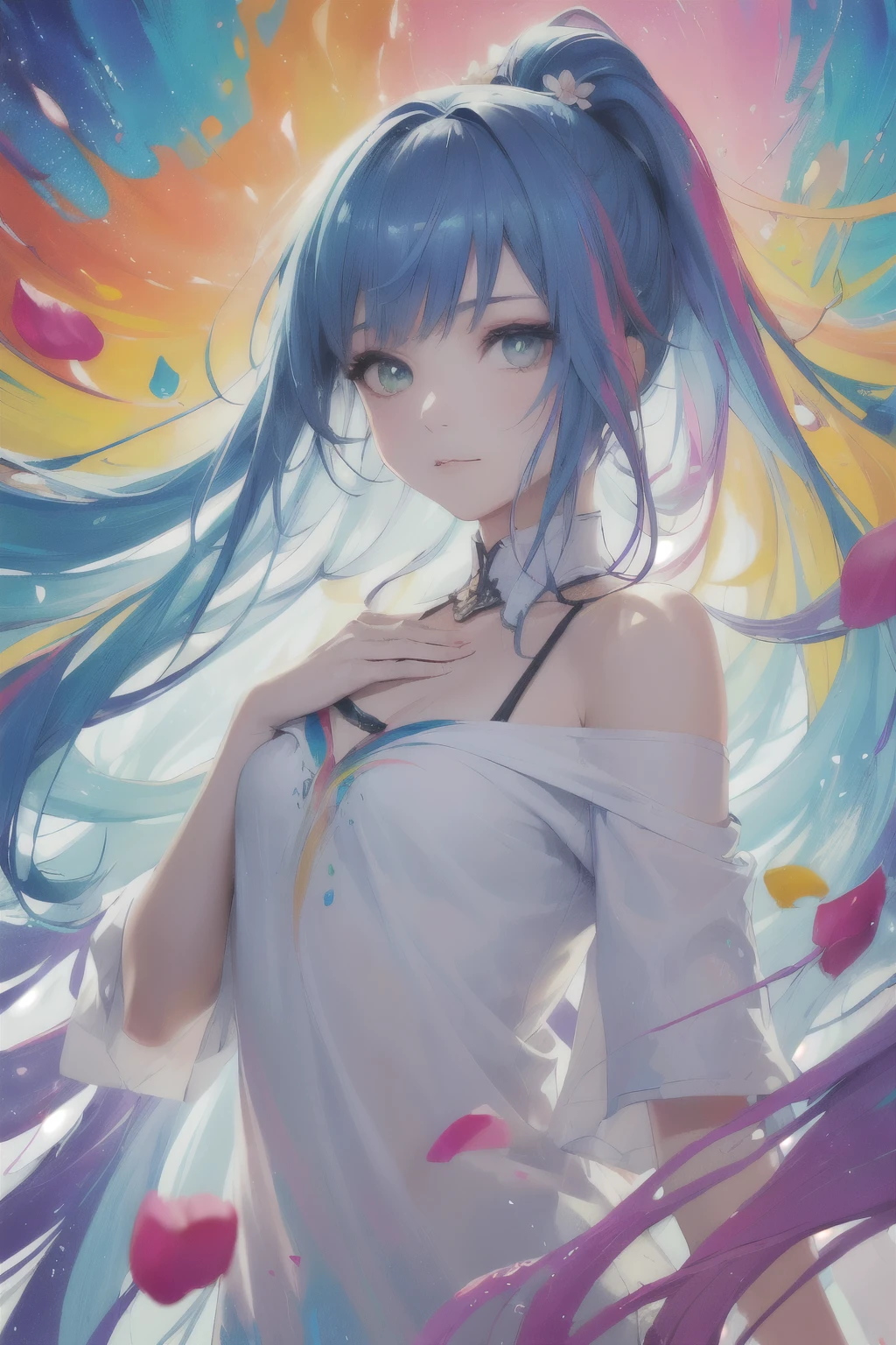 (colored hair: 1.8), (all the colors of the rainbow: 1.8),(((((vertical painting：1.6))), （Painting：1.6），front, Comics, illustrations, Painting, big eyes , crystal clear eyes,（Rainbow Color Gradient High Ponytail：1.7）, exquisite makeup, closed mouth,(Small fresh: 1.5),(Clear chest: 1.6) ，long eyelashes, off-the-shoulder white t-shirt, off-the-shoulder white shirt， look at the audience, big watery eyes, (Rainbow colored hair：1.6), splashes of color, （alone：1.8）, splashes of color, Color Explosion, thick painting style, messy lines, ((splendid)) ，(colorful), (colorful), (colorful), colorful, thick painting style, (splatter) (color splashes), vertical painting, upper body, paint splashes, acrylic pigment, gradient, paint, more high image quality, Very high quality, masutepiece, alone, depth of field, face painting, colorful clothes, (elegant: 1.2), very beautiful, long hair, wind, (elegant: 1.3), (flower petals: 1.4)，( ((masutepiece))),(((best quality))),((ultra-detailed)),(illustration),(dynamic angle),((floating)),(paint),((disheveled hair)) ,(alone),(1girl in) , (((Detailed animated face))),((beautiful detailed face)),necklace,bare shoulders,white hair,((colored hair)),((striated hair)), beautiful detailed eyes,(gradient color eyes),(((colorful eyes))),(((colorful background))),(((high color saturation))),(((surrounded by colorful splashes))) ,