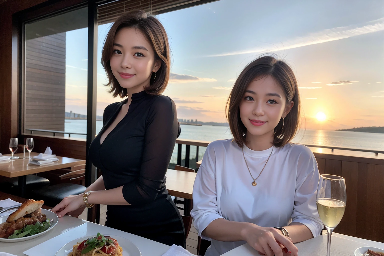 (Realistic:1.1),(masterpiece,Highest quality),8k,(49 years old), 47 years old, slimカップル、Model Couple、actress/actor、Tight waist,Upper Body,full-course dinner、wine 、Amazing view of the sunset sky and clouds、Perfect Anatomy, Brown Hair, short hair,Random Hairstyles,((Highly detailed face and eyes:1.2))(cute顔:1.4),美しいactressの顔,Perfect golden ratio face,Long sleeve shirt、dress,(smile:1.2)、Shortcuts、cute、(Realistic, Intricate details:1.2), A bright smile、short hair,Bright Face、赤wine 、Appetizers、Italian food、wine bottle、Champagne、スパークリングwine、(slimな顔), (The body is slim), (Brown Hair), (Shortcuts), Upper Body, 白wine, slim, wineグラス,
