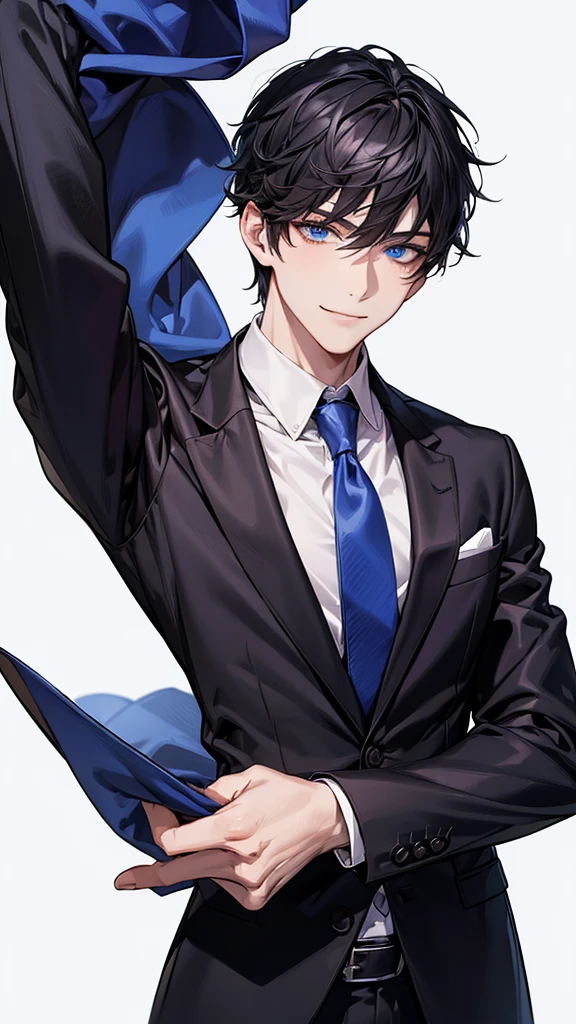 man, face focus, [[[adult]]], business suit, Jacket, white shirt, tie, pants, frontage, highest quality, adopt, detailed face, simple background、white background、[[[black hair]]]、[[[blue eyes]]]、confident look、Upper body、smile