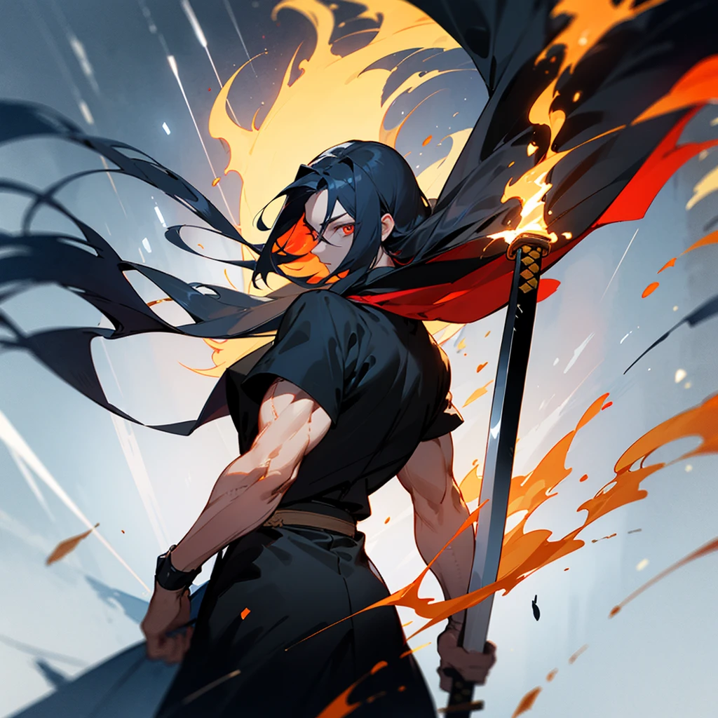 Create a character with long hair, from the back with a large black cape A katana on fire Eyes coming out of rays Black clothing with red stripes A scar on the arm A somewhat muscular body Acting like a swordsman In a dark place in the galaxy