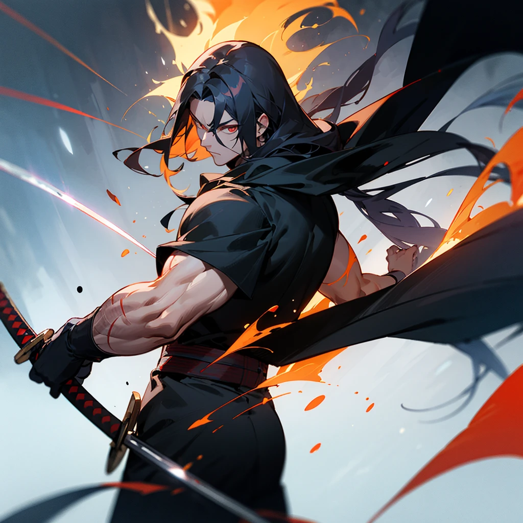 Create a character with long hair, from the back with a large black cape A katana on fire Eyes coming out of rays Black clothing with red stripes A scar on the arm A somewhat muscular body Acting like a swordsman In a dark place in the galaxy
