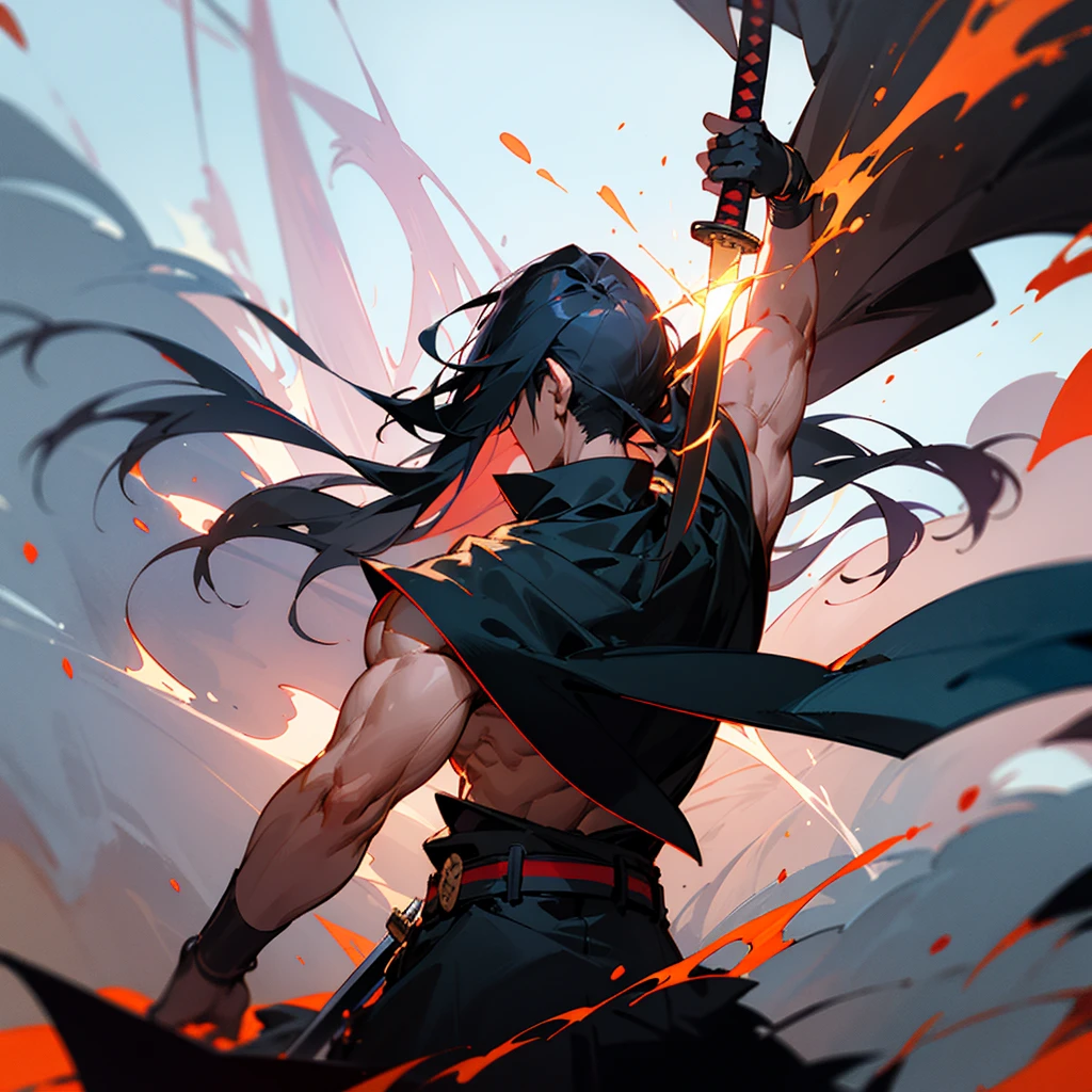 Create a character with long hair, from the back with a large black cape A katana on fire Eyes coming out of rays Black clothing with red stripes A scar on the arm A somewhat muscular body Acting like a swordsman In a dark place in the galaxy
