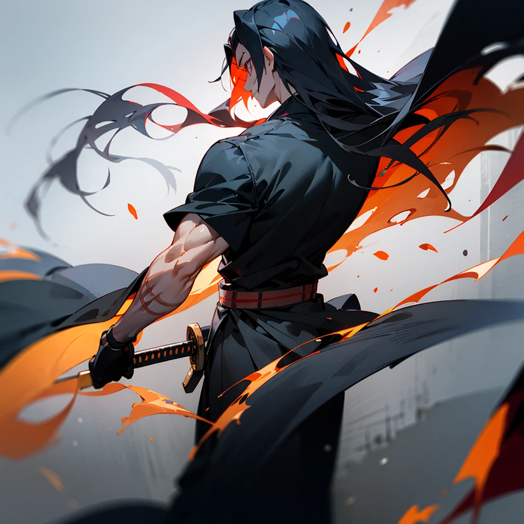 Create a character with long hair, from the back with a large black cape A katana on fire Eyes coming out of rays Black clothing with red stripes A scar on the arm A somewhat muscular body Acting like a swordsman In a dark place in the galaxy