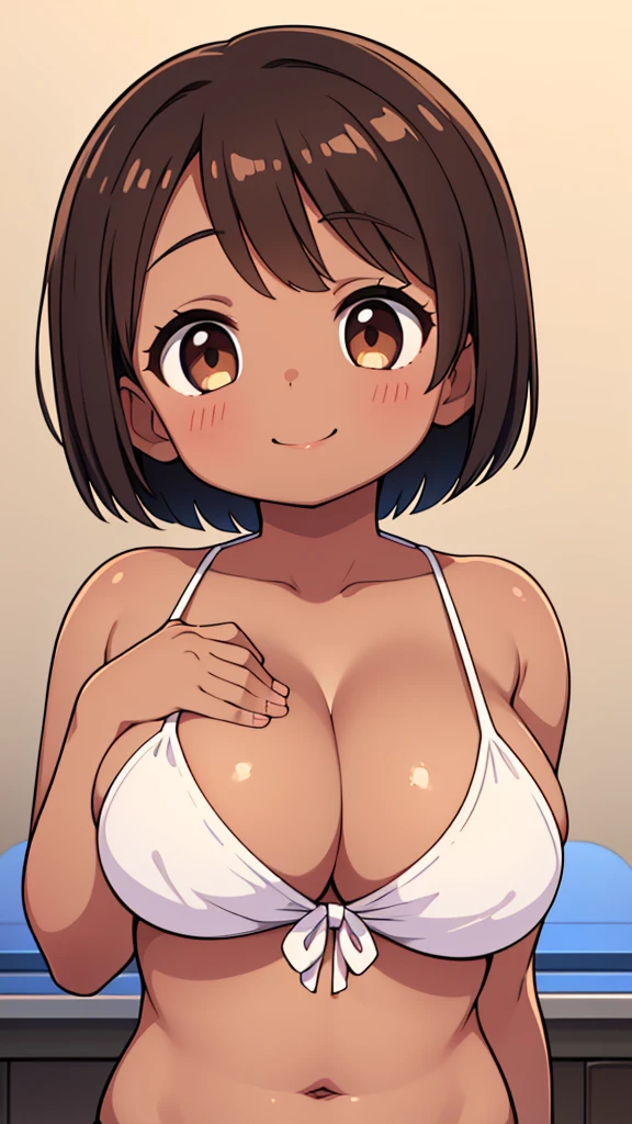 Beautiful young girl , Beautiful round breasts,Bust up front,Beautiful upturned breasts,G-Cup, Narrow waist,Brown skin,Short Bob,Baby Face, bikini top,(((Enlarged view of the upper body))),View from the front, Cleavage is clearly visible,Keep your head upright and smile,ID photo
