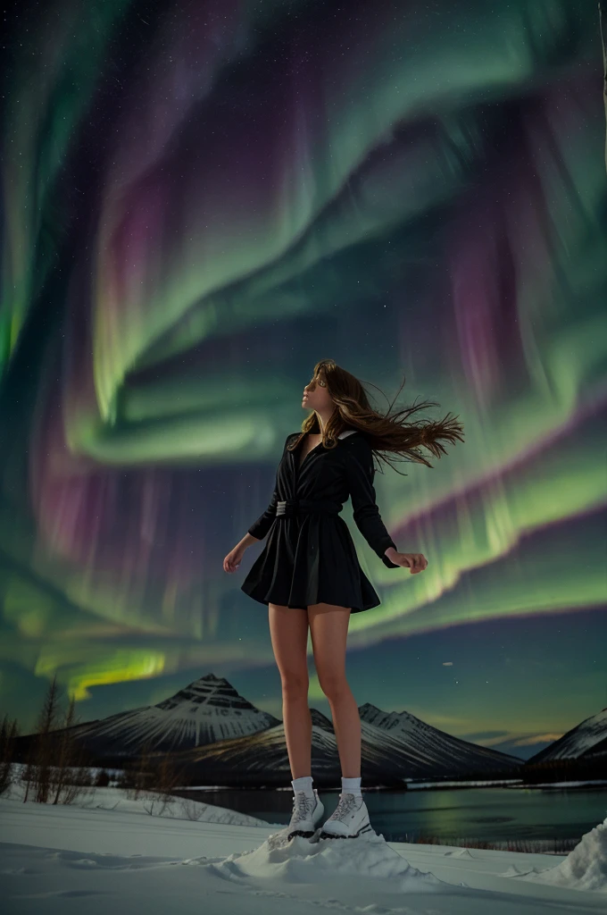 A girls hair floating standing towards the aurora borealis