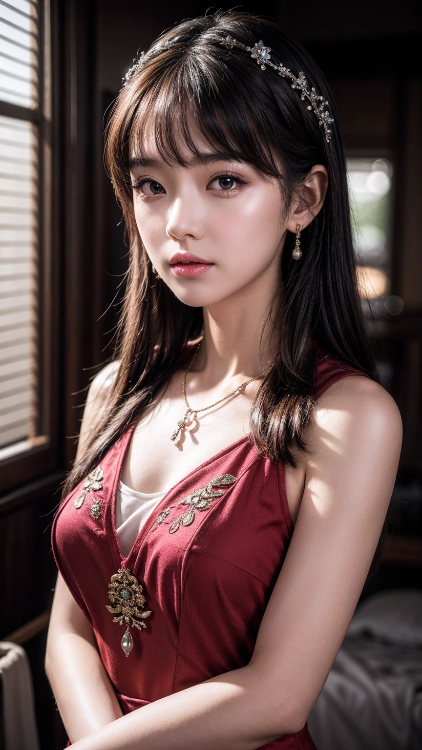 best quality, masterpiece, high resolution, 1 Girl,cheongsam,Hair accessories,necklace, Jewelry,Pretty Face,Above_Body, Tyndall effect,Reality, Dark Studio, Rim Light, Two-tone lighting,(High Detail Skin:1.2), 8K uhd, Digital SLR Camera, Soft lighting, high quality, Volumetric Lighting, frank, photo, high resolution, 4K, 8K, Bokeh,
