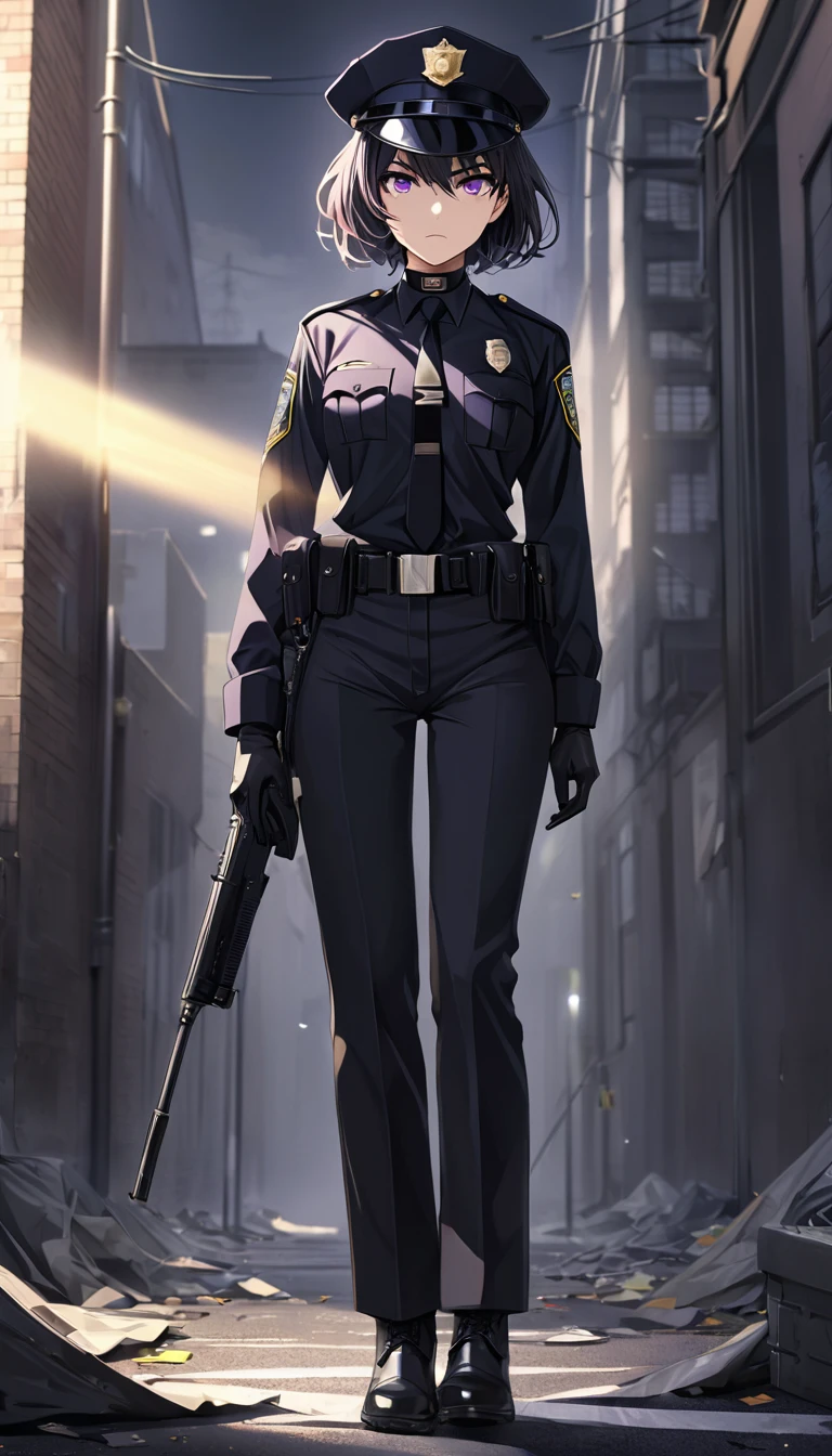 High-resolution anime digital art, Masterpiece, upper body, tomboy, mature, sexy, smart, short hair color pitch black, real detail eyes pupil purple, Wear Black Cops Uniforms, black chokers, Wear Black Gloves, Serious face, Crime Scene, Full Body, Alone.