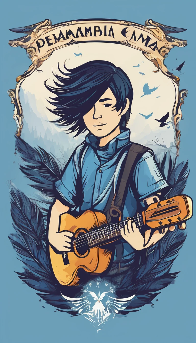 Create a minimalistic, simple, fantastic, easy to understand, logo design of a boy and a feather for an upcoming Role Playing Game called " Penamemoria". The game is about a world of bird and feathers and the inspirational, creative journey of a boy and his acoustic guitar. A boy enters that world and discovers his true artistic identity. Create a logo design that transmits the essence of this videogame and this world. It´s a fantasy game, with fantasy elements. Create the minimalistic logo in the center and a fantasy theme as background. Use the colours blue, white, light golden in the logo.