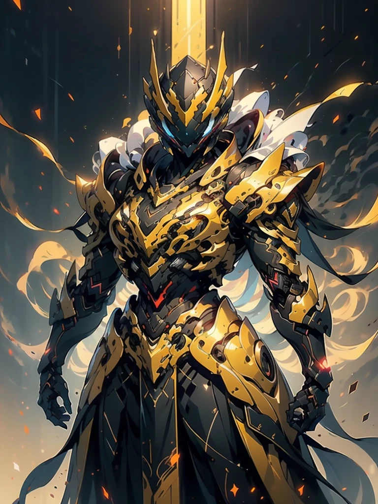 A woman adorned in fantasy-style full-body armor, a crown-concept fully enclosed helmet that unveils only her eyes, a composite layered chest plate, fully encompassing shoulder and hand guards, a lightweight waist armor, form-fitting shin guards, the overall design is heavy-duty yet flexible, ((the armor gleams with a golden glow, complemented by red and blue accents)), exhibiting a noble aura, she floats above a fantasy-surreal high-tech city, this character embodies a finely crafted fantasy-surreal style armored hero in anime style, exquisite and mature manga art style, (Queen bee mixed with Spider concept Armor, plasma, blood), ((Element, energy, elegant, goddess, femminine:1.5)), metallic, high definition, best quality, highres, ultra-detailed, ultra-fine painting, extremely delicate, professional, anatomically correct, symmetrical face, extremely detailed eyes and face, high quality eyes, creativity, RAW photo, UHD, 32k, Natural light, cinematic lighting, masterpiece-anatomy-perfect, masterpiece:1.5