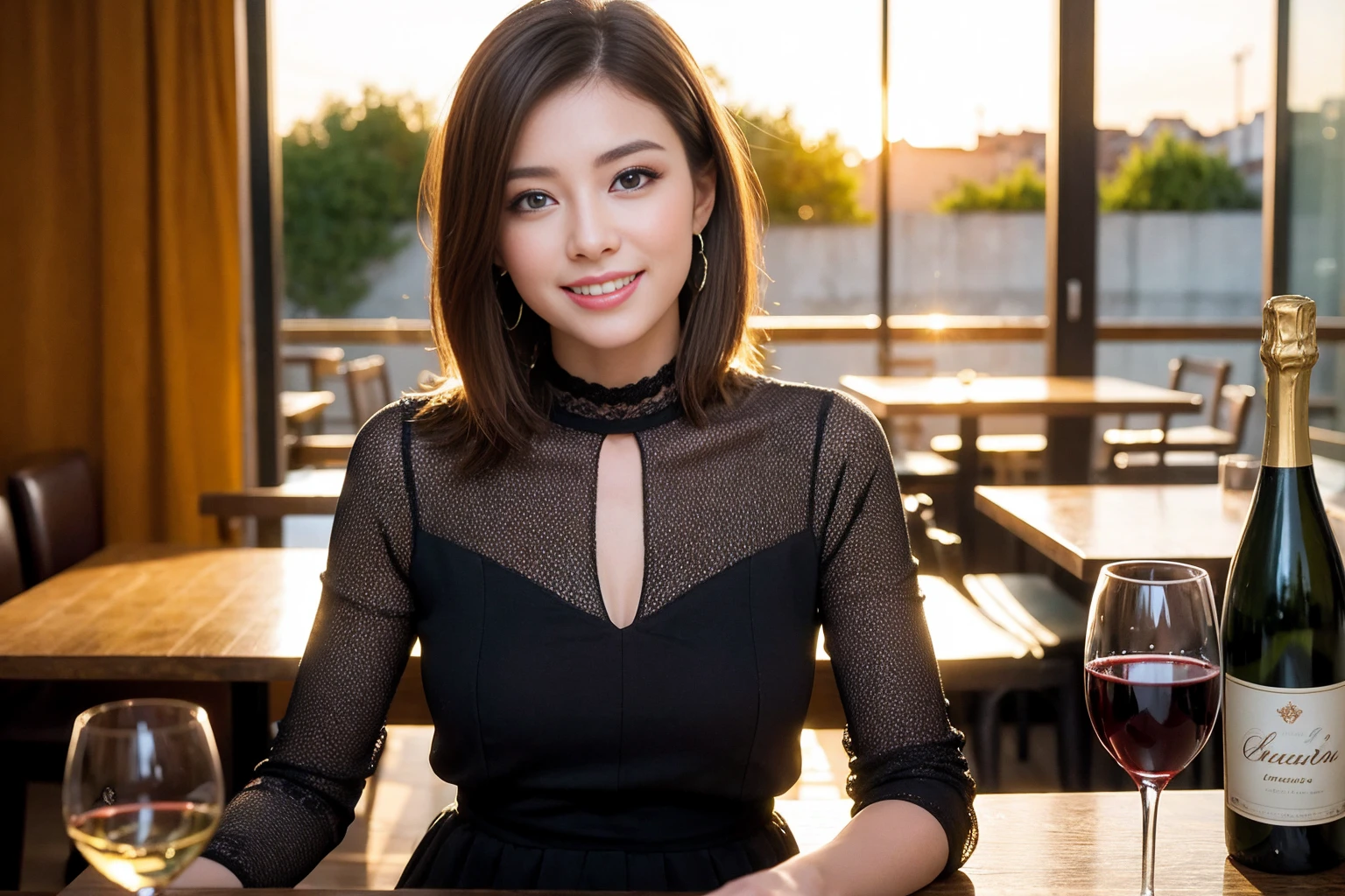 ((Highest quality、8K、masterpiece:1.3))、slimカップル、modelカップル、(Realistic, Intricate details:1.2), full-course dinner、Wine Party、Amazing view of the sunset sky and clouds、A bright smile、The wonderfulness of smile、Bright image、The beauty of wine, Beautiful Face, blue eyes, The light shines on your face, Blushing, short hair,Bright Face、 (Age 37), Age 34, red wine 、Appetizers、Italian food、Wine bottle、Champagne、sparkling wine、Two beauties、Brown Hair、Shortcuts、Long sleeve shirt、dress、Beautiful woman 1, (slimな顔), (The body is slim), (Brown Hair), (Shortcuts), cheeks turn a little red,Attractive beauty、restaurant, In a prominent place (From the waist up) Nova Frog Style, actress, model, Upper Body, White wine, slim, wine glass, 中央に置かれたwine glass, smile, (smile: 1.15), Beautiful fine grain, Depth f/2,saturation, High Contrast, Strong light and shadow,Moist Body:1.5、3D texture、Delicate eyes、Brown Hair、The hair is very shiny、