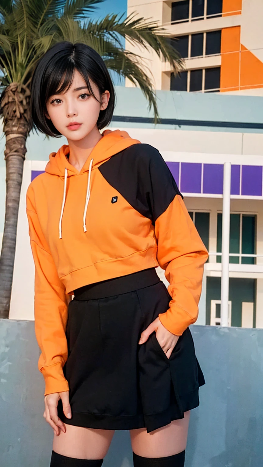(long shot portrait :1.3), of cute 23 yo girl (perfect beautiful body ) ,beautiful face, (realistic face),(perfect natural breast),wear ((orange color oversized hoodie)), wear ((purple tennis skirt)),looking viewer,Best Quality,Masterpiece,Ultra High Resolution,(Realisticity:1.4),Original Photo, 1Girl, light leak,ultra high resolution,UHD,beautiful, (black bob hair), almond eye, no makeup, in front of ((80's mondrian architecture motel)), (realistic:1.2), (surreal:1.3), (very detailed:1.1), ((masterpiece)),summer, blue sky, palm trees,sunny, los angles vibes,film camera, 800mm lens,style of Philip Lorca diCorcia,beautiful face, (realistic face), (black hair, short hair:1.3)