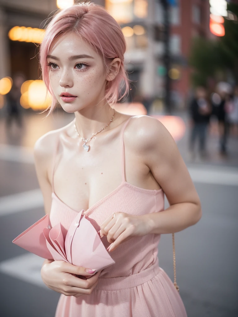 Background City City, camara angle top-side, looking back side, Cute girl short pink hair, ♥️♥️♥️♥️♥️ dress red red red red dress red backless dress,with a purse 👜 on hand ,all her hair short pink , with a star clip in her pink hair, light colored eyes, pretty eyes, crying eyes, pretty, upturned nose, watery nose, Pretty lips, pink lips, heart and cupid shaped lip, pretty skin, pale, White skin, with moles and freckles all over his face, soft pink blush on the cheeks, natural pink blush, soft pink makeup, Jennie, nice neck, marked collar, frown, tender look, with a kiss necklace, while having a bare abdomen, Delgado, marked and pretty, (big breasts, soft breasts, nice breasts), , night look, city light, photorealism, 8k , photorealistic