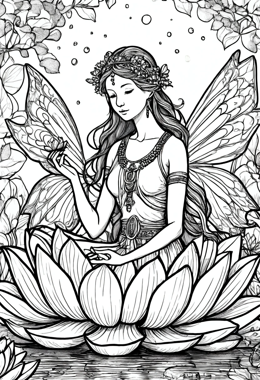 A serene fairy meditating on a lotus flower in a tranquil pond, clean line art, white background, colouring page, clean outline, sketch style, floral frame, decorative panel, abstract ,sketch, character lines and scenes without colors and shadows. (Masterpiece, Best Quality, Highres:1.4), Detailed, Intricate Details, 4K, color splashes, line art