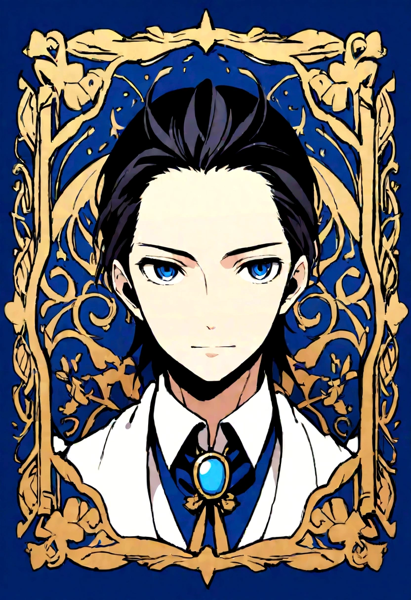 Center part that exposes the forehead・横顔のイラストアイコン,Black hair center part、Flat painting - Portrait:A man in his early 30s、Hair should be parted in the center。 ·atmosphere:It has a stylish atmosphere.、Simple fill、With a bright feeling、Center part that exposes the forehead,Blue background、For SNS icons