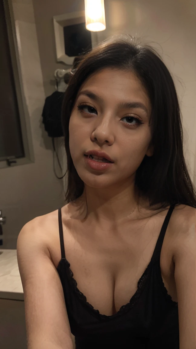 A sweet young beautiful Indonesian girl, twenty two years old,  she has sexy body, being licking an erection circumcised macho Indonesian man's penis in a private room, very realistic, very natural, very detail, 