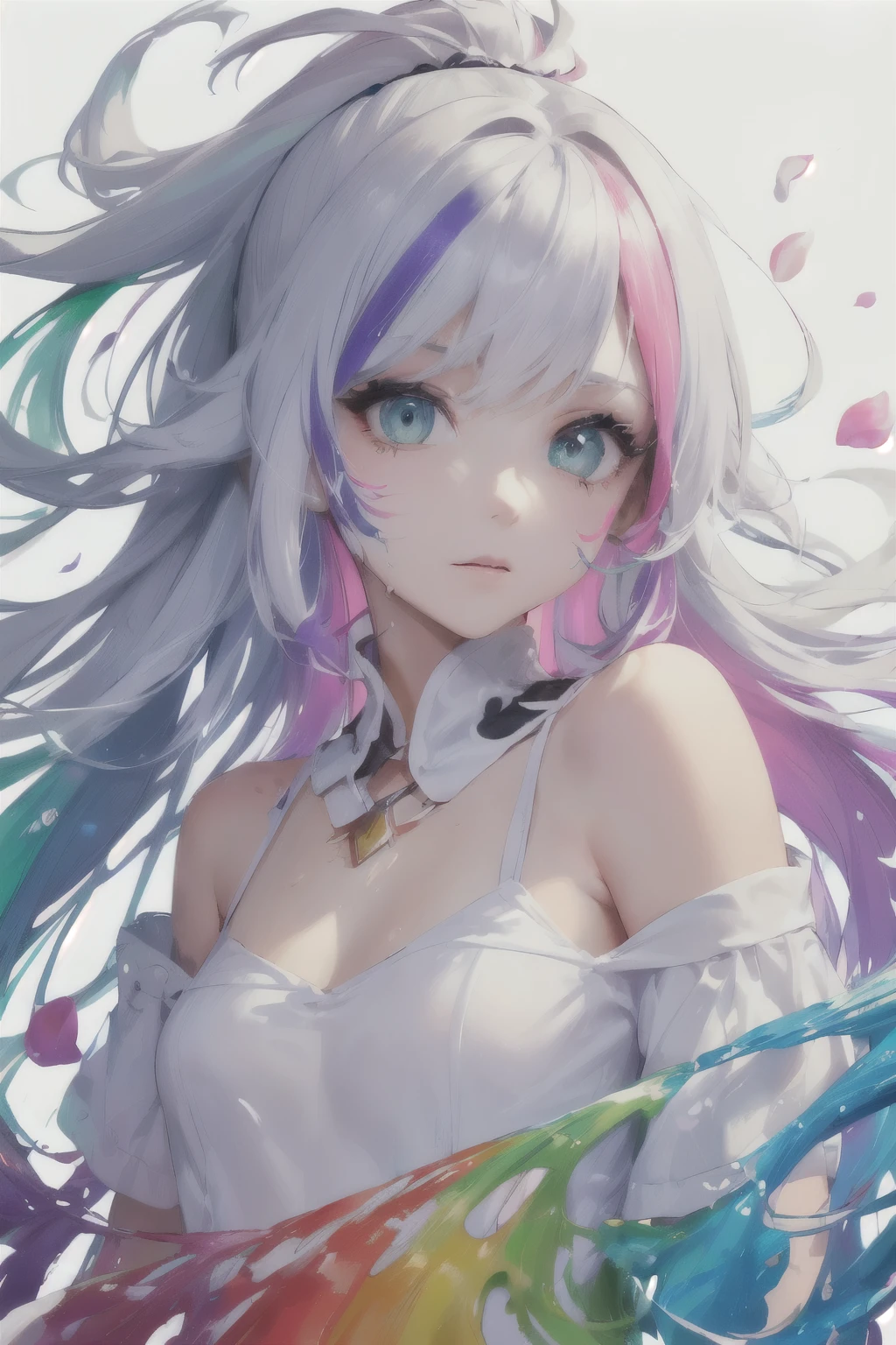 (Pink Fashion T-shirt:1.9),(Colorful hair: 1.8), (all the colours of the rainbow: 1.8),(((((vertical painting:1.6))), (painting:1.6),front, comics, illustrations, paintings, large eyes, crystal clear eyes,( rainbow color gradient high ponytail:1.7), exquisite makeup, closed mouth,(Small Fresh: 1.5),(Wipe Chest: 1.6) ,long eyelashes, white off shoulder T-shirt, White Shoulder Shirt,looking at the audience, large watery eyes, (rainbow colored hair:1.6), color splash, (solo:1.8), color splash, color explosion, thick paint style, messy lines, ((shining)),(colorful), (colorful), (colorful), colorful, Thick Paint Style, (Splash) (Color Splash), Vertical Painting, Upper Body, Paint Splash, Acrylic Pigment, Gradient, Paint, Highest Image Quality, Highest Quality, Masterpiece, Solo, Depth of Field, Face Paint, colorful clothes, (Elegant: 1.2), gorgeous,long hair, wind, (Elegant: 1.3), (Petals: 1.4),(((masterpiece))),(((best quality))),((ultra-detailed)),(illustration),(dynamic angle),((floating)),(paint),((disheveled hair)),(solo),(1girl) , (((detailed anima face))),((beautiful detailed face)),collar,bare shoulders,white hair, ((colorful hair)),((streaked hair)),beautiful detailed eyes,(Gradient color eyes),(((colorful eyes))),(((colorful background))),(((high saturation))),(((surrounded by colorful splashes))),
(white|black theme), medium breasts,
happy face,
(character on front),