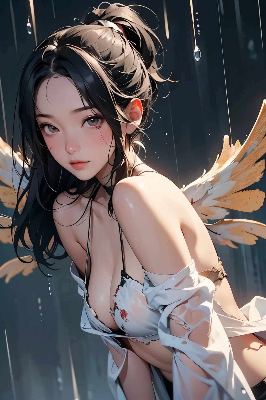 detailed, 8K, Movie angle, in the rain、dance、雨に打たれながらdance翼の折れた天使、whole body、(Tattered Wings:1.4)、Sexy and cute、Tired look、
