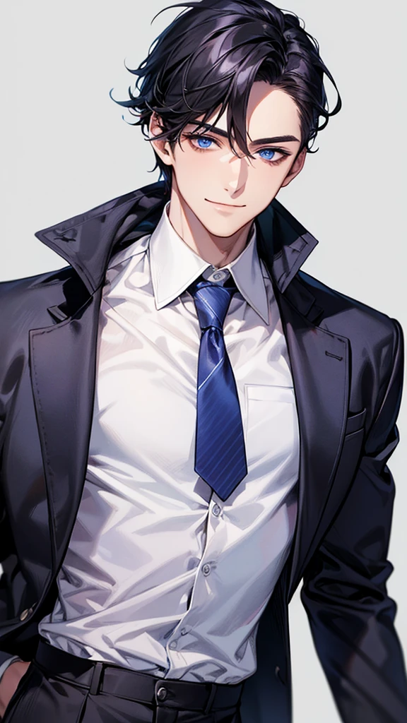 man, face focus, [[[adult]]], business suit, Jacket, white shirt, tie, pants, frontage, highest quality, adopt, detailed face, simple background、white background、[[[black hair]]]、[[[blue eyes]]]、confident look、Upper body、smile、