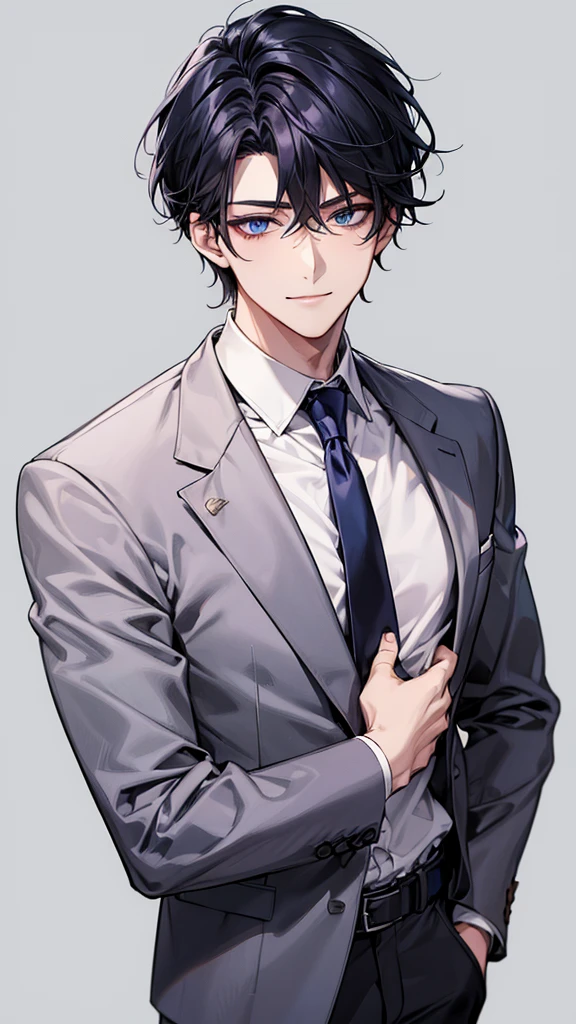 man, face focus, [[[adult]]], business suit, Jacket, white shirt, tie, pants, frontage, highest quality, adopt, detailed face, simple background、white background、[[[black hair]]]、[[[blue eyes]]]、confident look、Upper body、smile、
