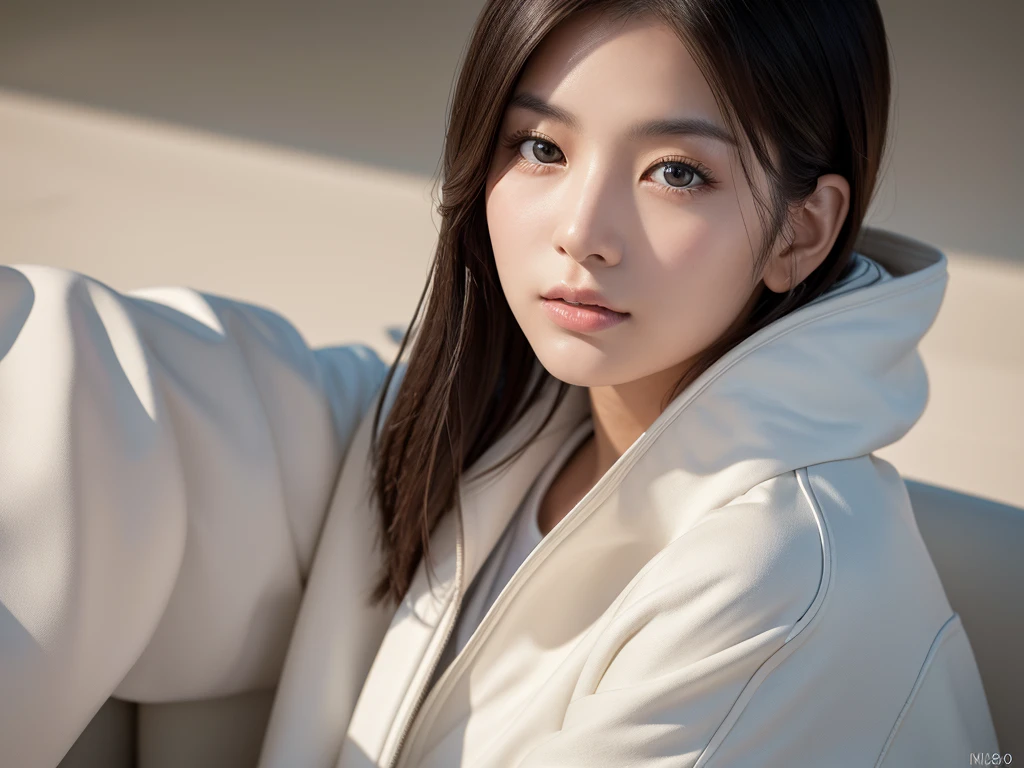 Hyperrealistic portrait of a young Japanese woman in her early 20s, (8k resolution:1.2), (photorealistic:1.3), (ultra-detailed:1.2), perfect facial features, flawless skin, natural makeup, short straight hair, wearing a white jacket, standing indoors against a simple background, soft natural lighting, shallow depth of field, shot on Canon EOS R5, 85mm f/1.4 lens, magazine cover quality, neutral colors, high contrast, sharp focus on eyes, elegant and relaxed expression, high-end production value, retouched by industry professionals, lifelike textures, natural skin tones, perfect composition, model-like proportions, commercial appeal.