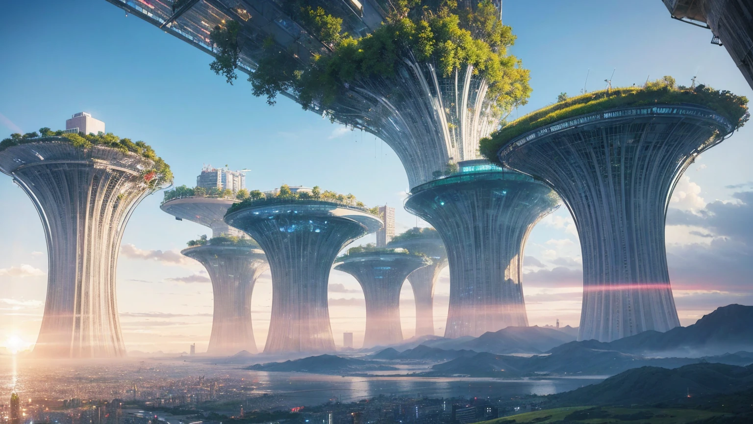(Best quality,4K,8K,A high resolution,Masterpiece:1.2),Ultra-detailed,(Realistic,Photorealistic,photo-realistic:1.37),Futuristic floating city,Futuristic technology,Huge urban high-tech tablet platform,Airship,Floating in the sky,Futuristic city,Small airships around,High-tech hemispherical platform,Colorful lights,Advanced architecture,modernn architecture,skyscrapper,Access the cloud,Scenic beauty,view over city,Impressive design,Blend seamlessly with nature,energetic and vibrant atmosphere,Futuristic transportation system,Parking is suspended,Transparent path,Lush greenery,Sky gardens,cascading waterfalls,Magnificent skyline,reflections on the water,Sparkling river,Architectural innovation,futuristic skyscrapers,Transparent dome,The shape of the building is unusual,Elevated walkway,Impressive skyline,Glowing lights,Futuristic technology,Minimalist design,Scenic spots,Panoramic view,Cloud Piercing Tower,Vibrant colors,epic sunrise,epic sunset,Dazzling light display,magical ambiance,The future city,Urban Utopia,LuxuryLifestyle,Innovative energy,sustainable development,Smart city technology,Advanced infrastructure,Tranquil atmosphere,Nature and technology live in harmony,Awesome cityscape,Unprecedented urban planning,Architecture connects seamlessly with nature,High-tech metropolis,A cutting-edge engineering marvel,The future of urban living,Visionary architectural concept,Energy-efficient buildings,Harmony with the environment,A city floating above the clouds,Utopian dreams become reality,The possibilities are endless,State-of-the-art transportation network,Green energy integration,Innovative materials,Impressive holographic display,Advanced communication system,Breathtaking aerial view,Quiet and peaceful environment,Modernist aesthetics,Ethereal beauty