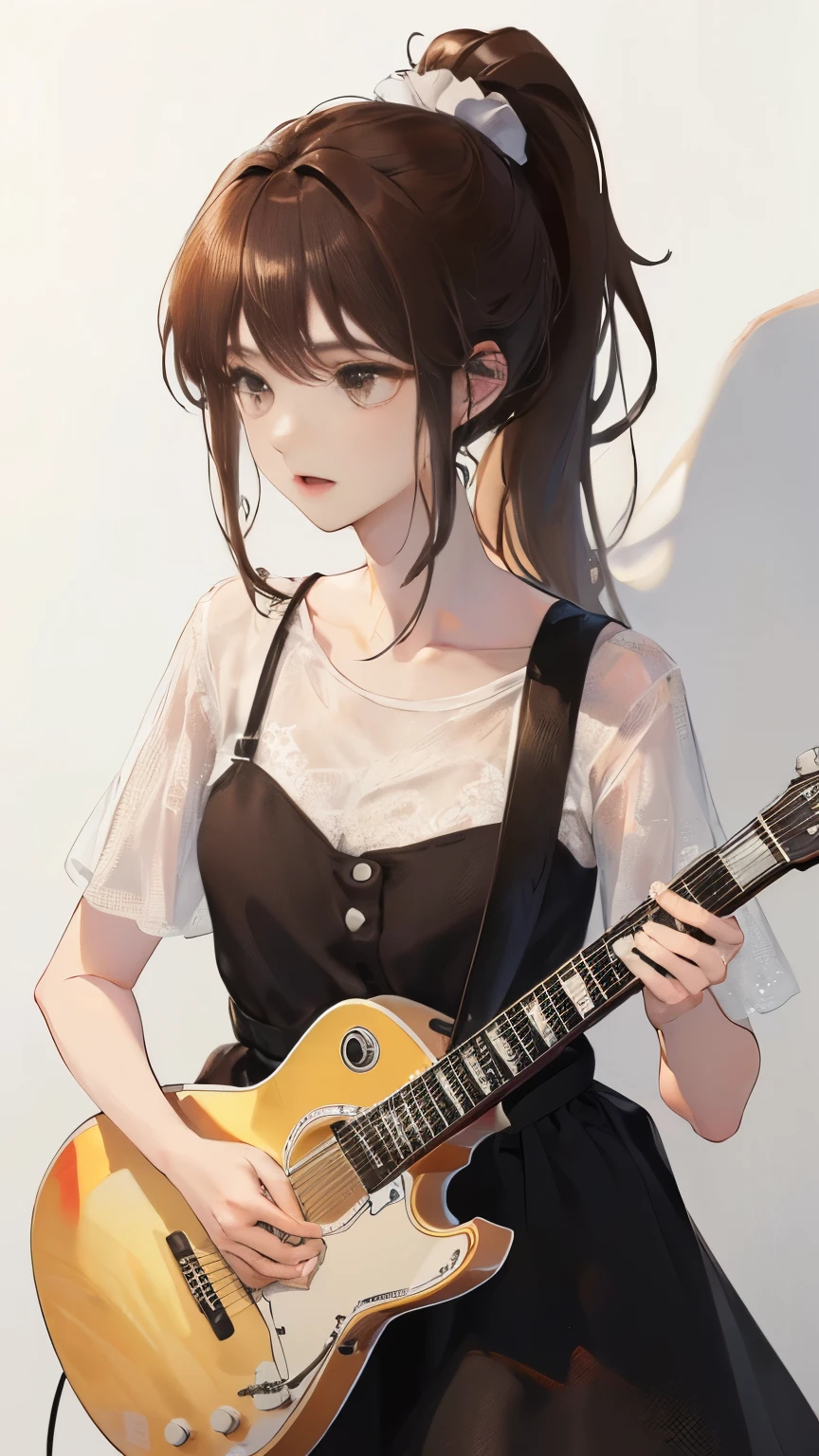 (((White wall background)))、(((Best image quality、8K、Beautiful woman、White wall background)))、(((guitarist、play the guitar)))、(((ponytail)))、(((Brown Hair)))、(((I&#39;m laughing out loud)))、(((Wearing a brown dress)))、(((Pure white background)))