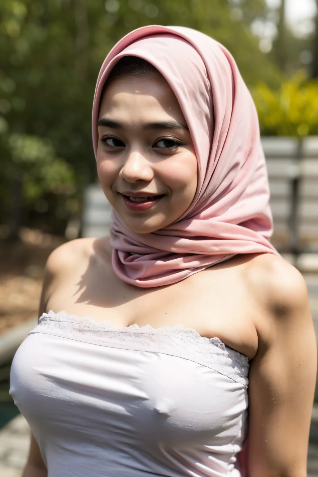 (Old Lady:1.7), Transparent transparency, (peach Chubby Strapless Dress), adorable, 1 girl, (face to face), , baby face, happy, half body portrait, (face details: 1), (eye details:1), ((big breasts)). wearing transparent transparency long shirt, .. Cute posed. proportional body. Ultra High Res. realistic: 1.4, UHD, tudung jilbab , lace 