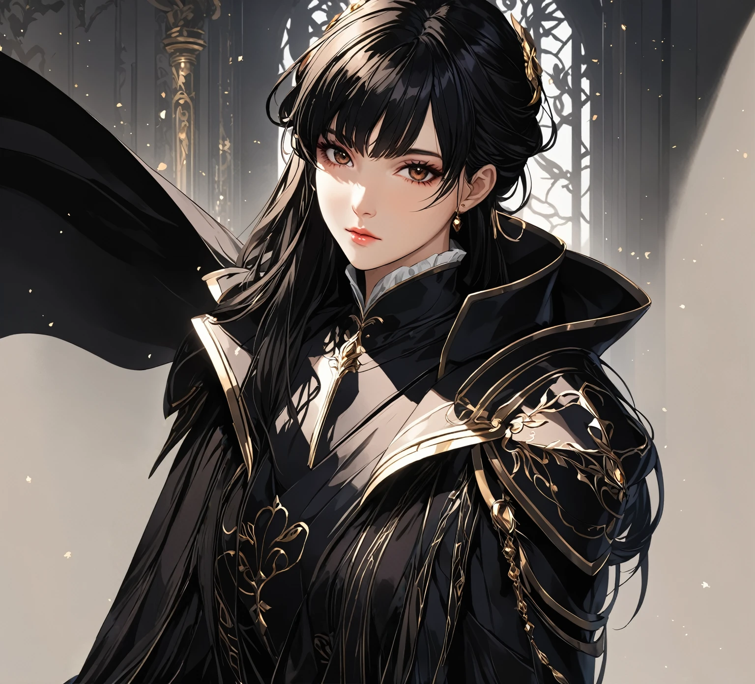 masterpiece, best quality, 1woman. adult, female focus, solo, black hair, vibrant dark brown eyes, short hair, looking at viewer, closed mouth, bangs, Fantasy aesthetics, Highly detailed, shadowverse style