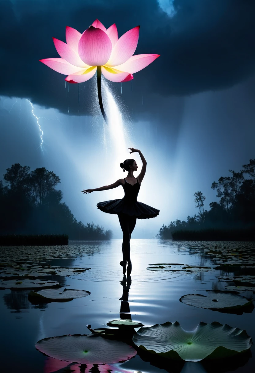 rainstorm，Rain splash，Huge waterspout，Girl shows black silhouette,Contrast with bright background,ballet silhouette,High contrast,Silhouette ballerina on the lake,lotus, lily pad，Shooting against the light，