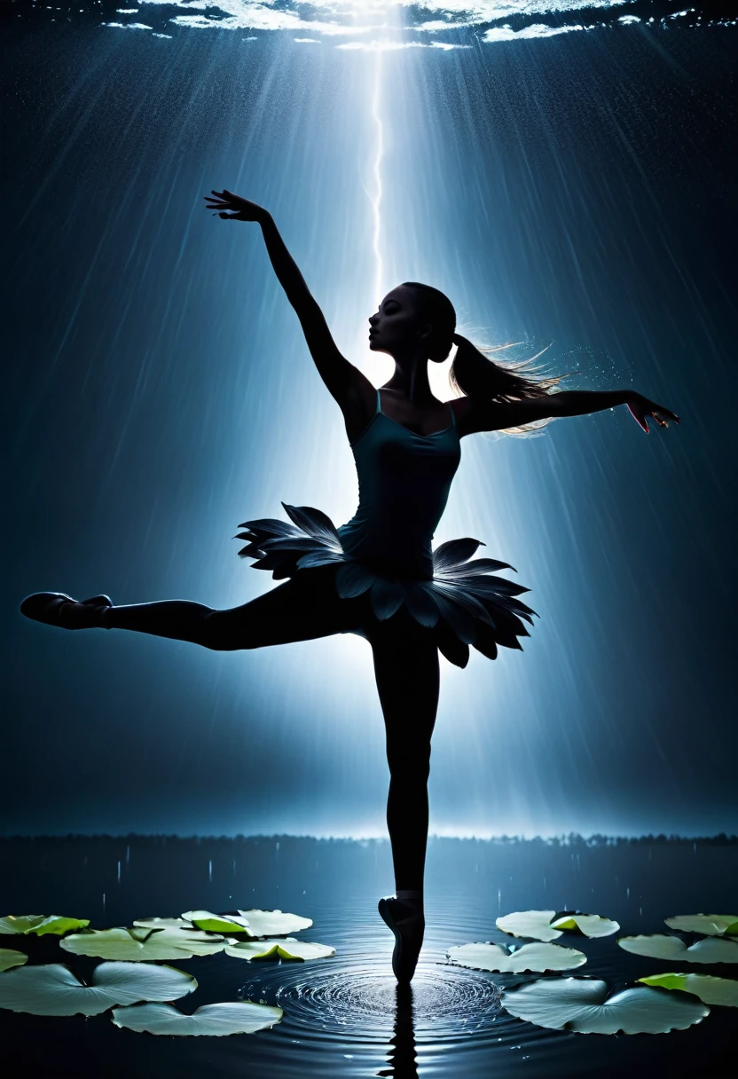 rainstorm,Rain splash,Huge waterspout,Girl shows black silhouette,Contrast with bright background,ballet silhouette,High contrast,Silhouette ballerina on the lake,lotus, lily pad,Shooting against the light,