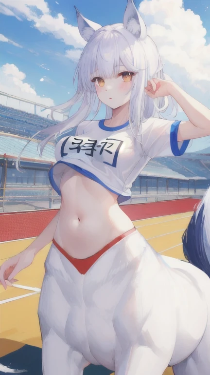 (best quality, masterpiece), 1 girl, centaur, It takes, White skin, Sports day, belly button t-shirt, 아름다운 소녀 perfect wolf photo, perfect wolf photo