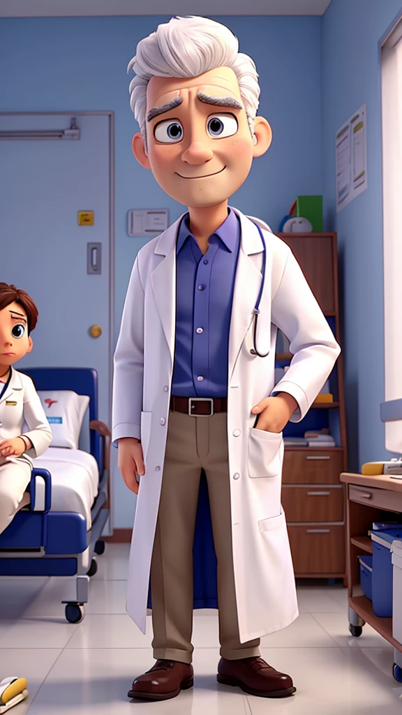 A cartoon doctor in a white coat and a concerned patient in a hospital room. The patient looks tired and worried, while the doctor,