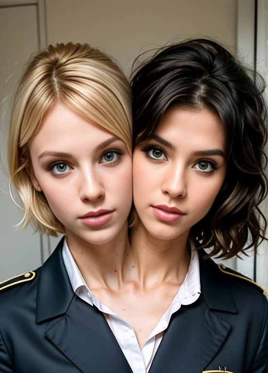 best resolution, 2 heads, white woman with two heads, conjoined, different heads, blonde, short hair, long hair, eyeliner, 25 years old, uniform,