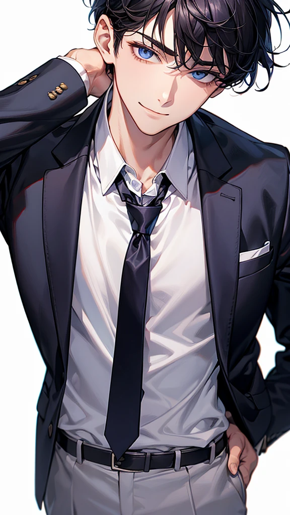 man, face focus, [[[adult]]], business suit, Jacket, white shirt, tie, pants, frontage, highest quality, adopt, detailed face, simple background、white background、[[[black hair]]]、[[[blue eyes]]]、confident look、Upper body、smile、