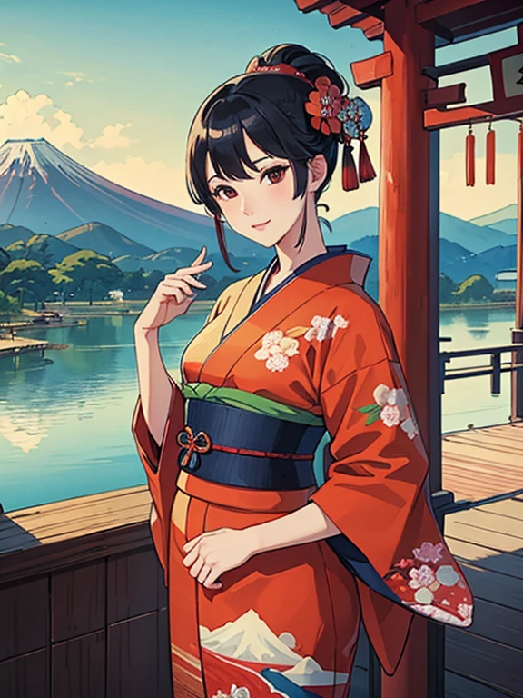 (Highest quality、masterpiece、High resolution、8K)、Vibrant colors、Ukiyo-e、Utamaro、Kimono Beauty、river、Mount Fuji in the distance、Japanese Landscape、A big red torii gate is visible.、Official Art、