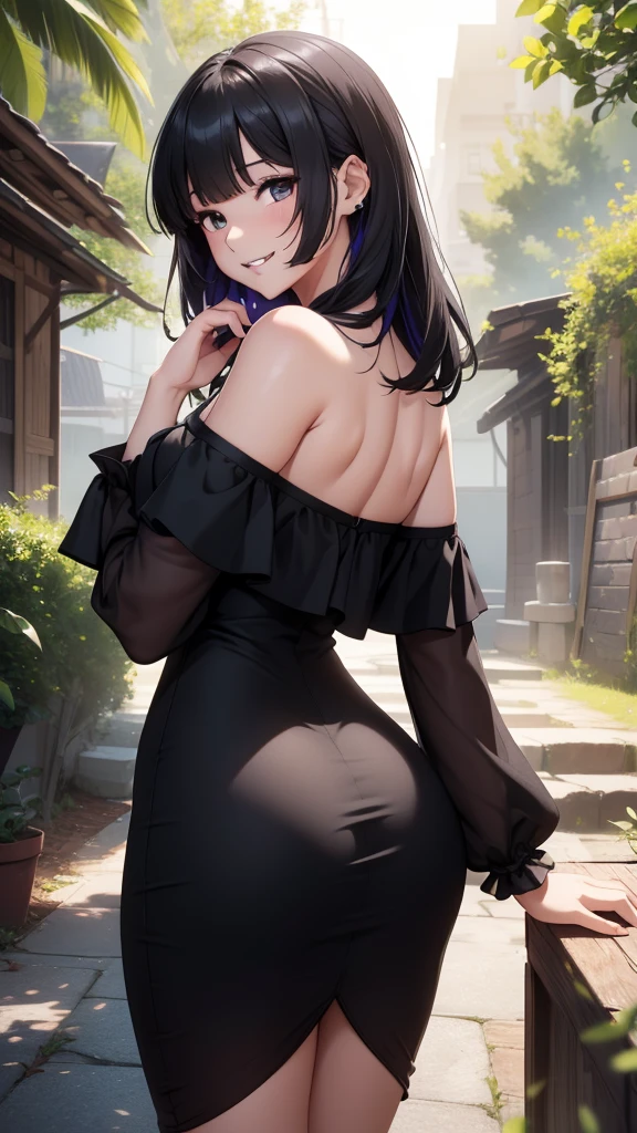 "Extremely detailed CG Unity 8K wallpapers ， Pa San，photograph from behind, tight dress, focus on ass, masterpiece，outdoors，charming，best picture quality，Volumetric light，Black hair，Face turned red，Smile，Off the shoulder dress，Bangs cover one eye，looking at camera