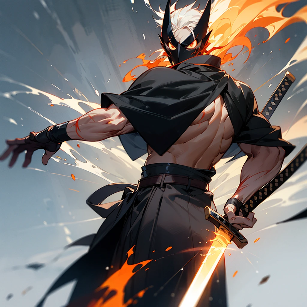 Create a character with long hair, from the back with a large black cape A katana on fire Eyes coming out of rays Black clothing with red stripes A scar on the arm A somewhat muscular body Acting like a swordsman With a black mask covering his face, with a symbol of a cduz